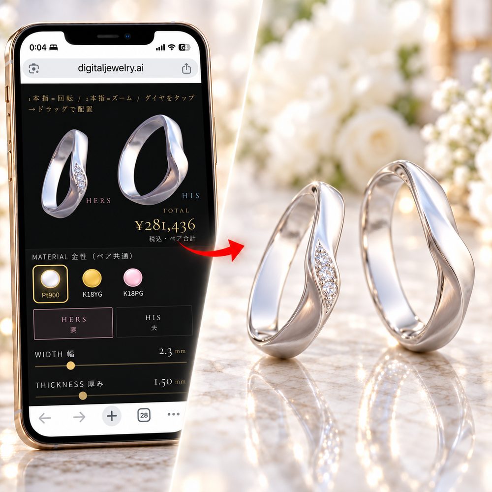 ペアメーカーの画面（HERS・HIS・幅・厚み・ペア合計価格）と、仕上がりのイメージ