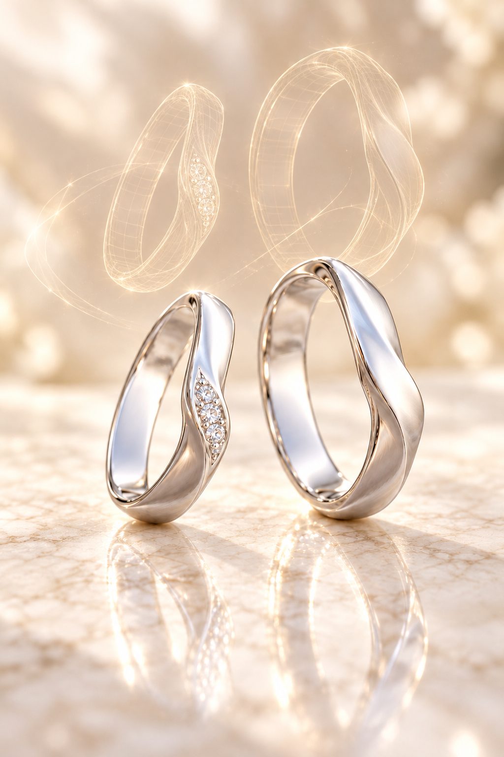 3D設計データの光の線から生まれる、プラチナの結婚指輪ペアのイメージ