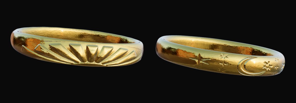 太陽の模様と月と星の模様を入れたK18イエローゴールドの結婚指輪2本の3D画面