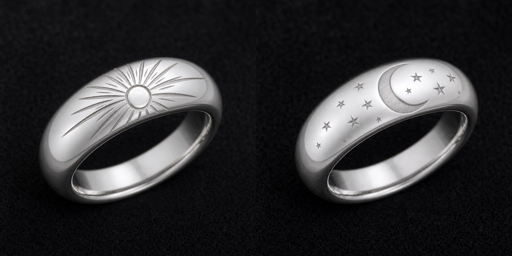 「太陽と月」でデザインした2本のデザイン画。左は太陽、右は月と星の模様の地金の結婚指輪