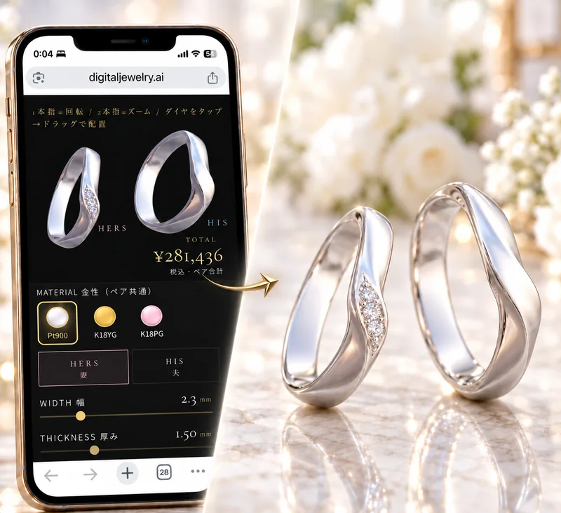 digitaljewelry™ 公式 結婚指輪ペアメーカー（Pair Maker）のスマートフォン3Dデザイン画面と、ダイヤ入りプラチナ結婚指輪ペアの仕上がりイメージ（CG）